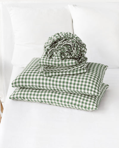 Forest green gingham linen sheet set (4 pcs) - MagicLinen