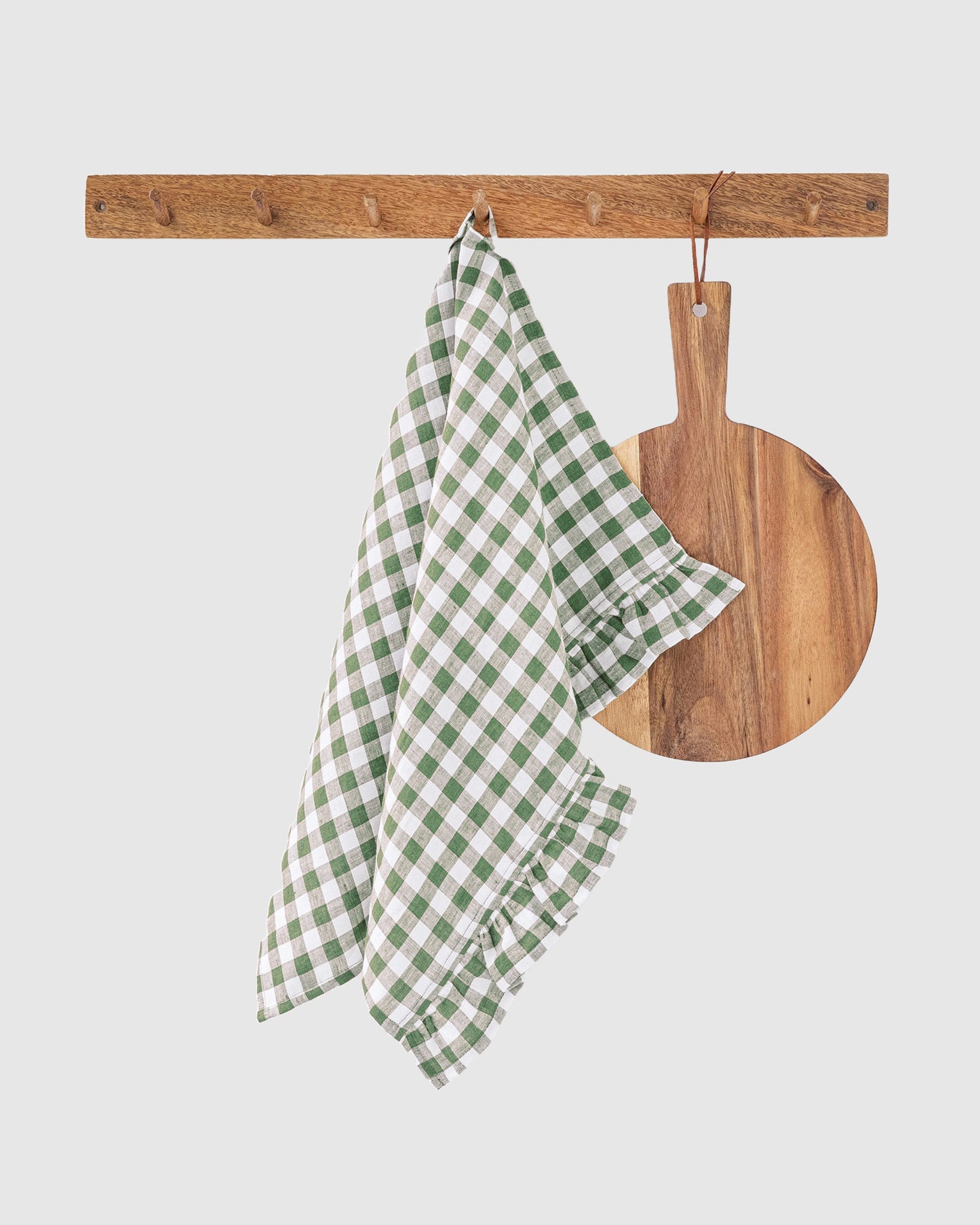 Ruffle trim linen tea towel in Forest green gingham - MagicLinen