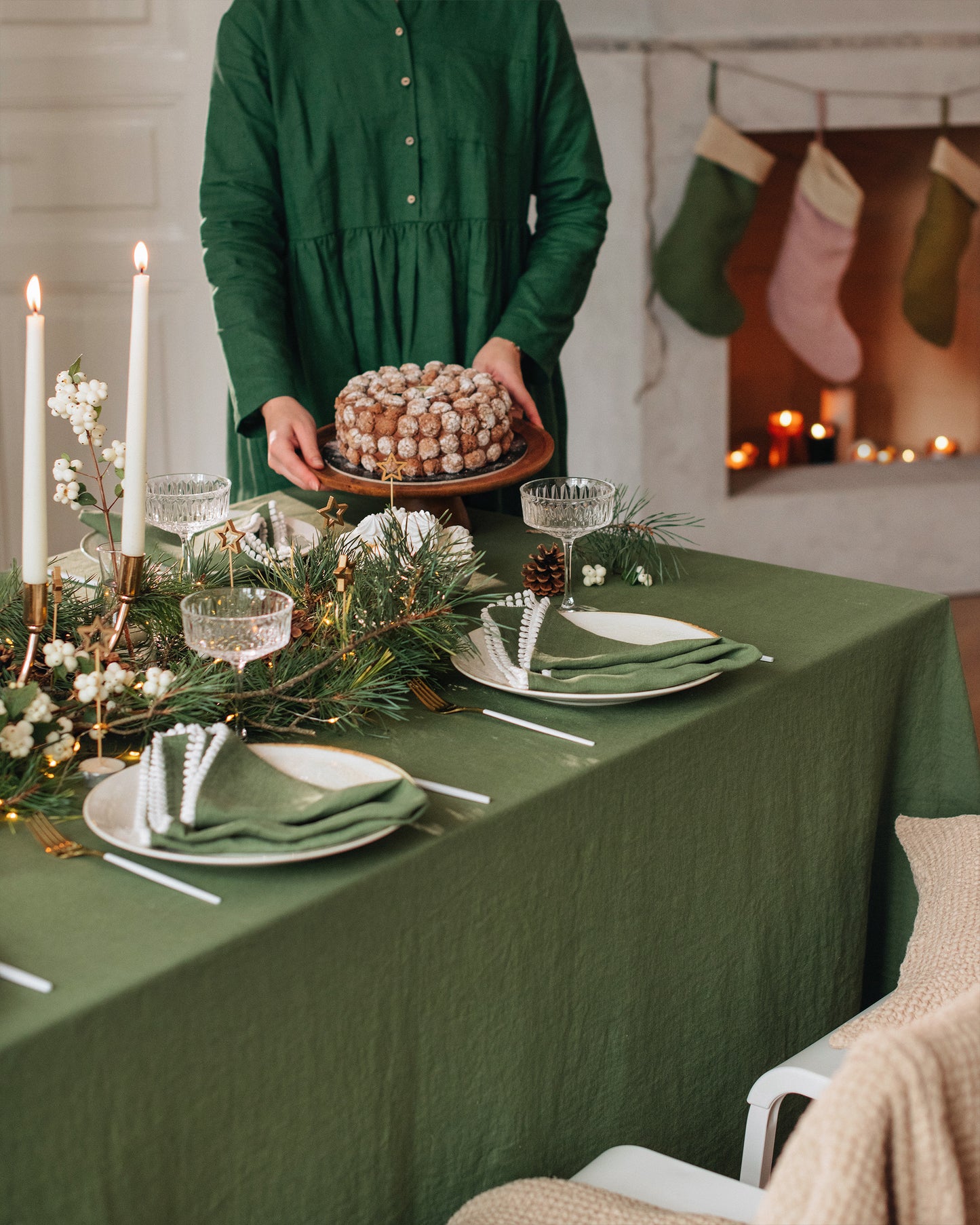 Pom pom trim linen napkin set of 2 in Forest green - MagicLinen