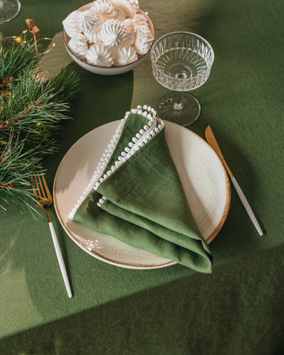 Pom pom trim linen napkin set of 2 in Forest green - MagicLinen