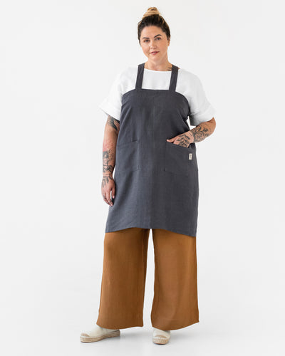 Japanische Leinenschürze mit Kreuzrücken in Blaumeliert