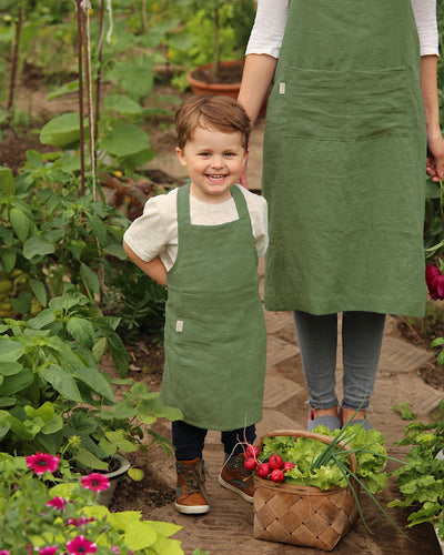 Linen apron for kids in Forest green