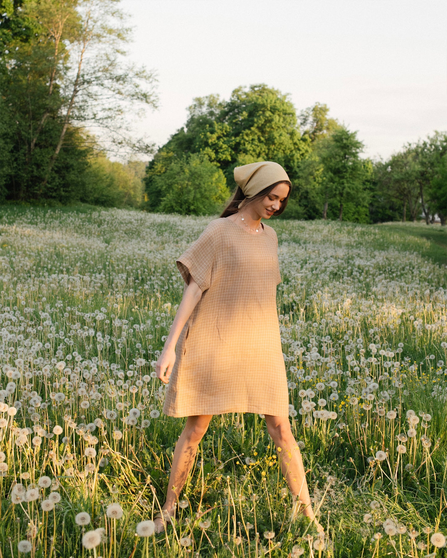 T-shirt linen dress MIJAS in Brown windowpane - MagicLinen