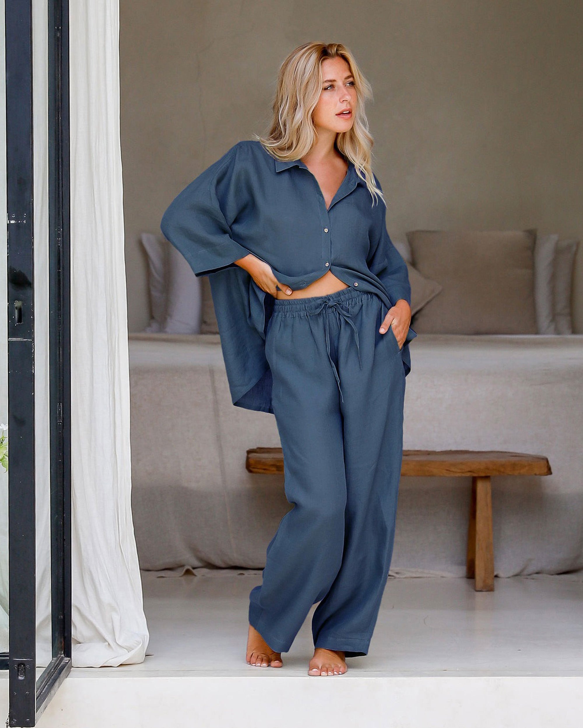 Linen pajama set AVEIRA in Deep Navy Blue - Main Image