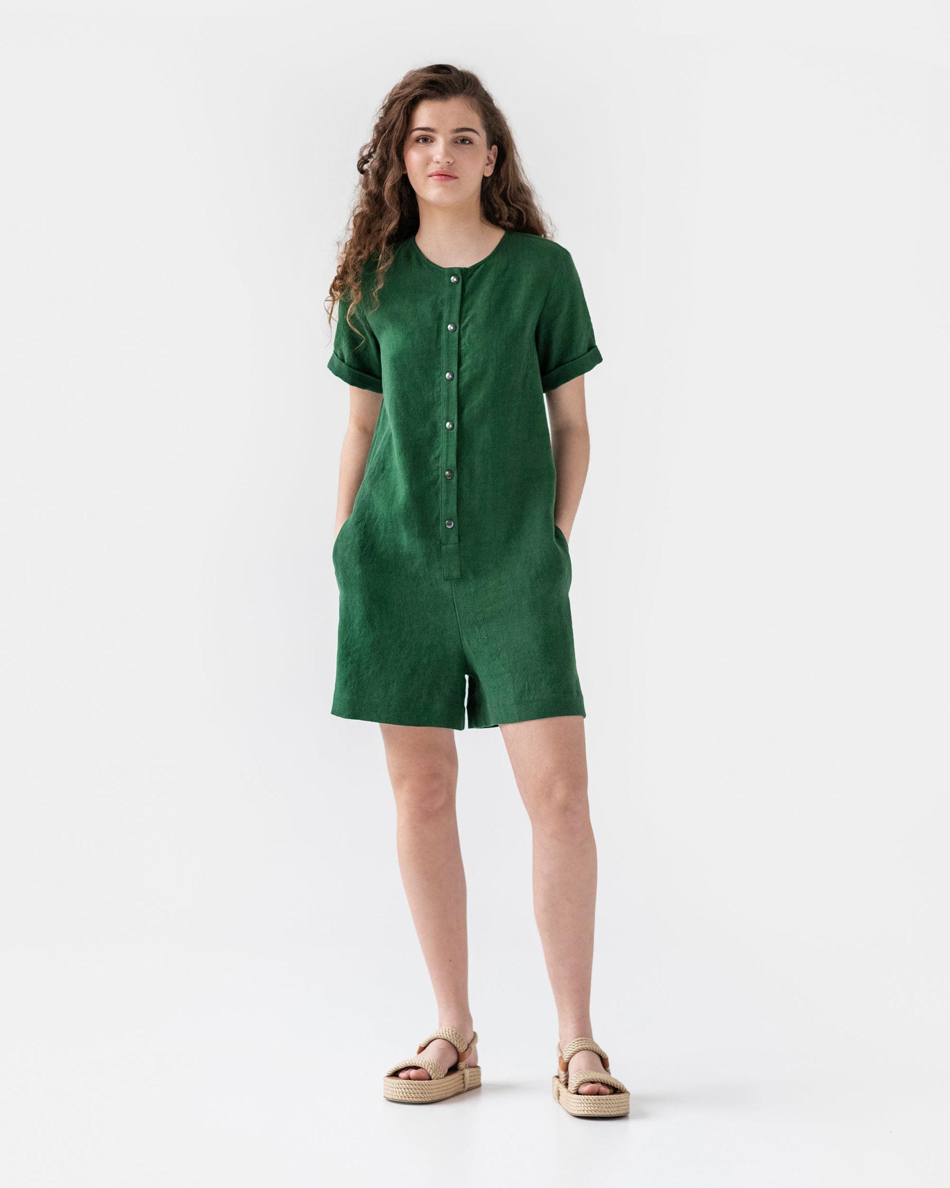 Linen romper AVALON with short sleeves in green - MagicLinen