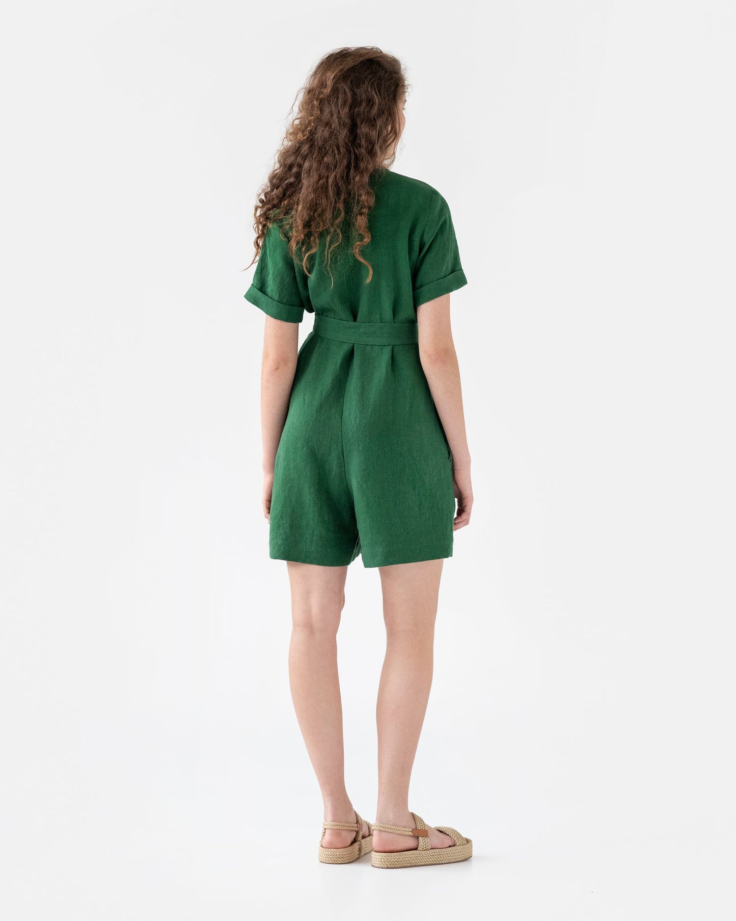 Linen romper AVALON with short sleeves in green - MagicLinen