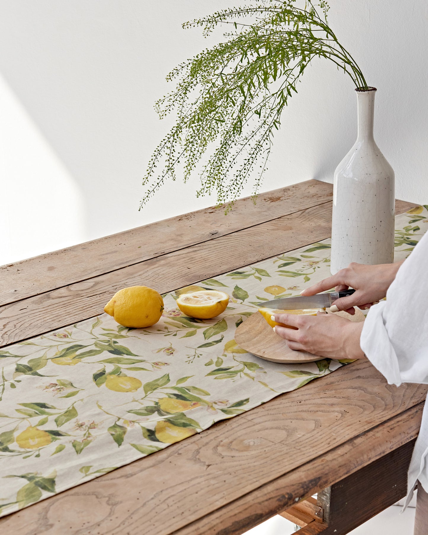 Linen Table Runner in Citrus garden print on natural | MagicLinen
