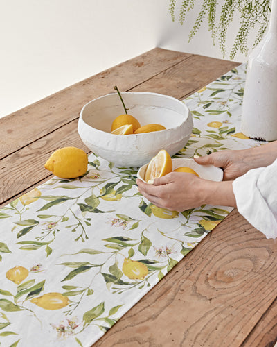 Linen Table Runner in Citrus garden print on white | MagicLinen
