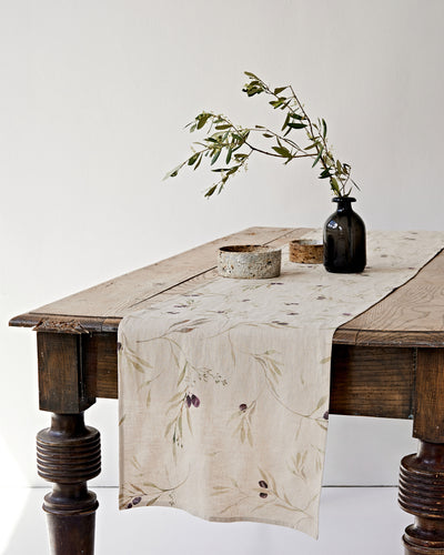 Linen Table Runner in Olive orchard print on natural | MagicLinen