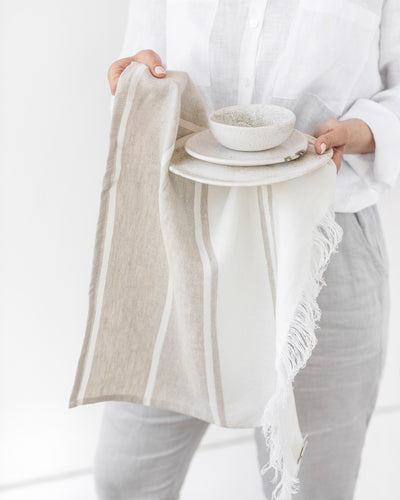 Linen tea towel in Ecru stripe - MagicLinen