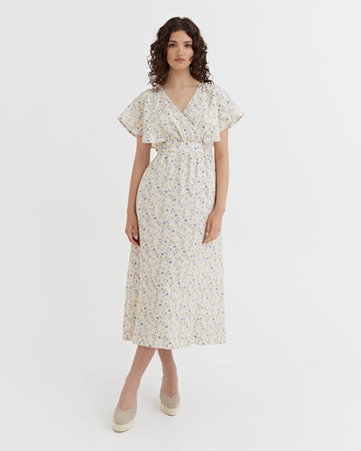 Linen wrap dress YOHO in Tiny blooms | MagicLinen modelBoxOn