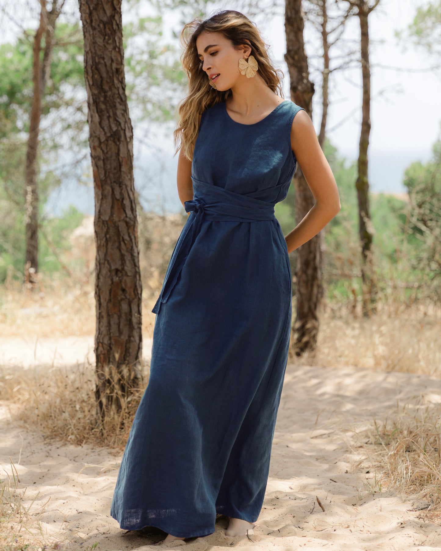 Long linen dress BORACAY in Navy blue