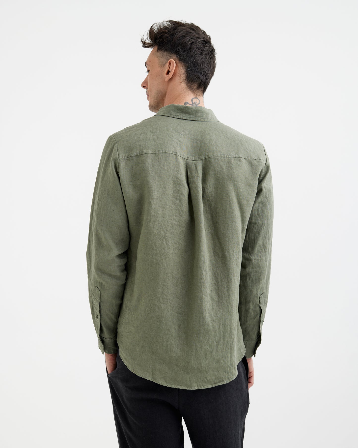 MagicLinen Mist green European flax linen shirt, plain weave texture close-up