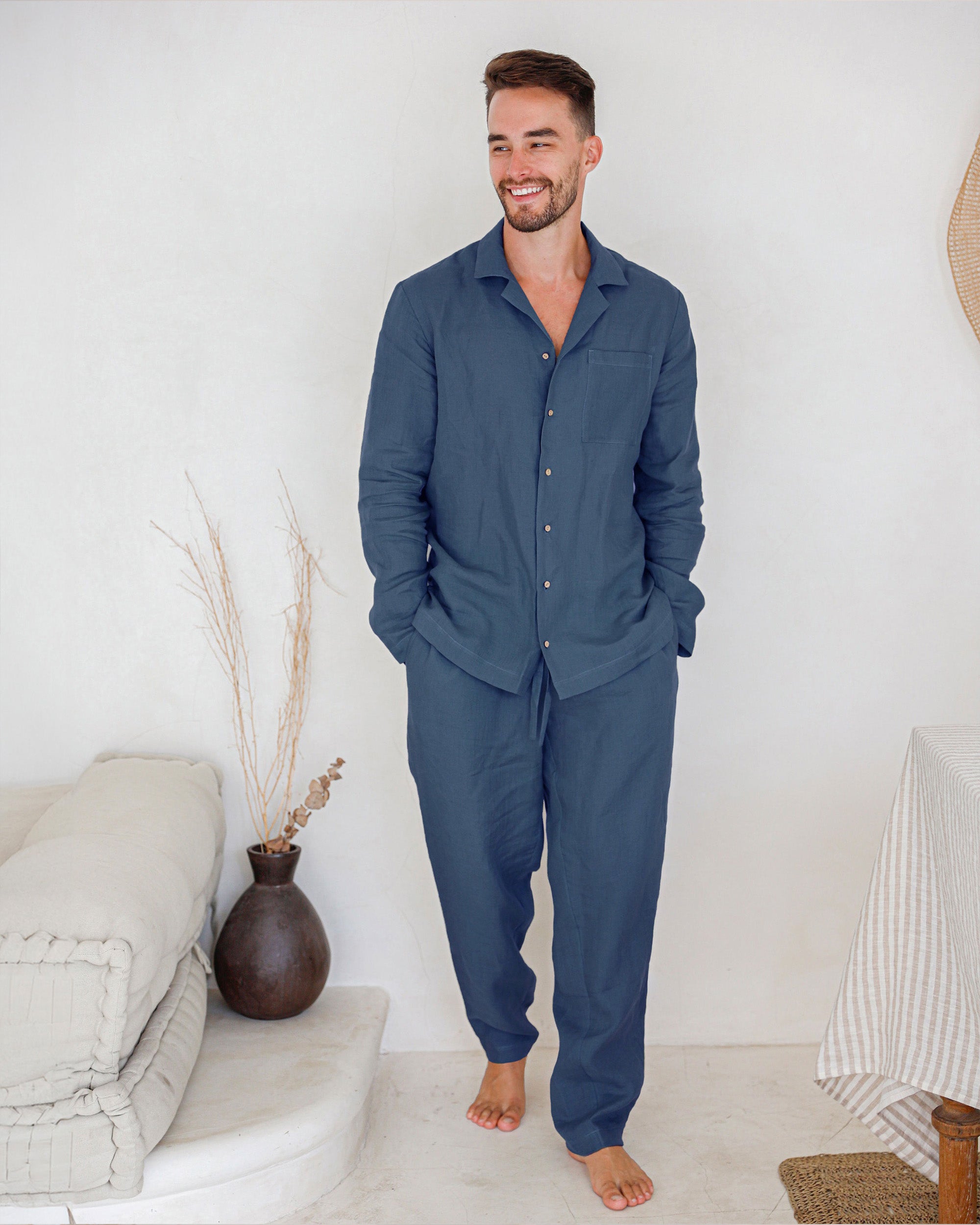 Men's linen pajama set VIGO in Deep Navy Blue Men's linen pajama set VIGO in Deep Navy Blue