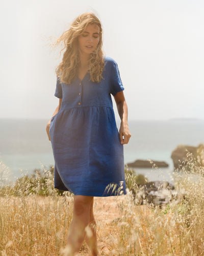 Midi linen dress MACEIO in Cobalt blue | MagicLinen