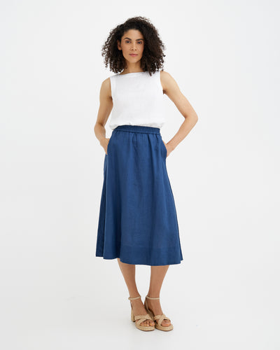 MagicLinen Deep Navy Blue AUSTIN skirt, 160 gsm midweight plain-weave linen modelBoxOn