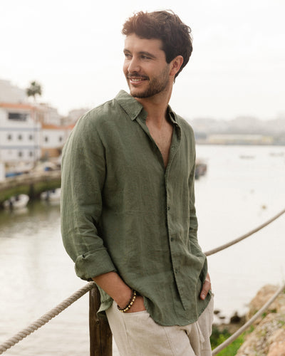 MagicLinen Mist green BOSTON shirt styled with neutral tailored trousers modelBoxOn2