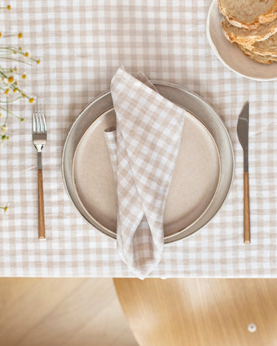 Naturfarbenes Gingham-Leinenservietten-Set, 2 Stück