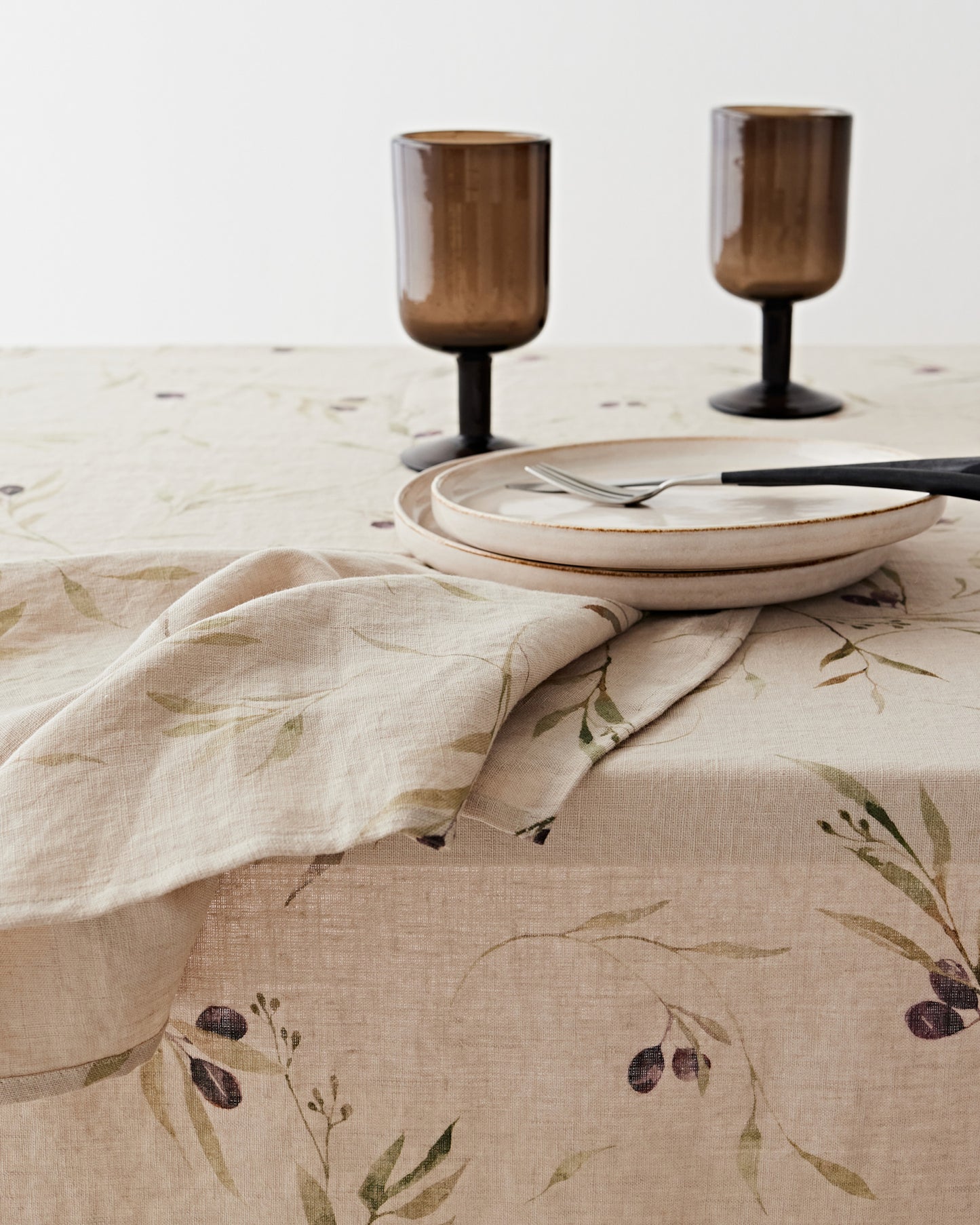 Olive orchard print on natural linen tablecloth | MagicLinen