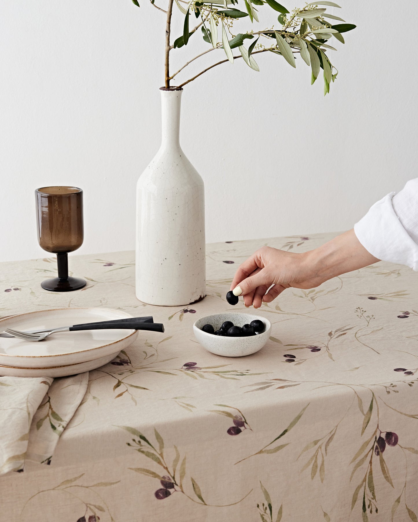 Olive orchard print on natural linen tablecloth | MagicLinen