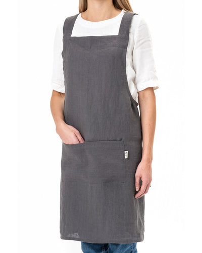 Pinafore cross-back linen apron in Charcoal gray | MagicLinen