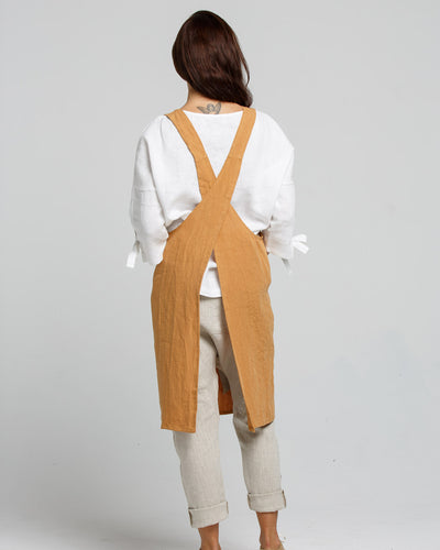 Pinafore cross-back linen apron in Tan | MagicLinen