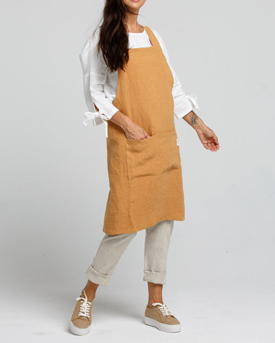 Pinafore cross-back linen apron in Tan | MagicLinen