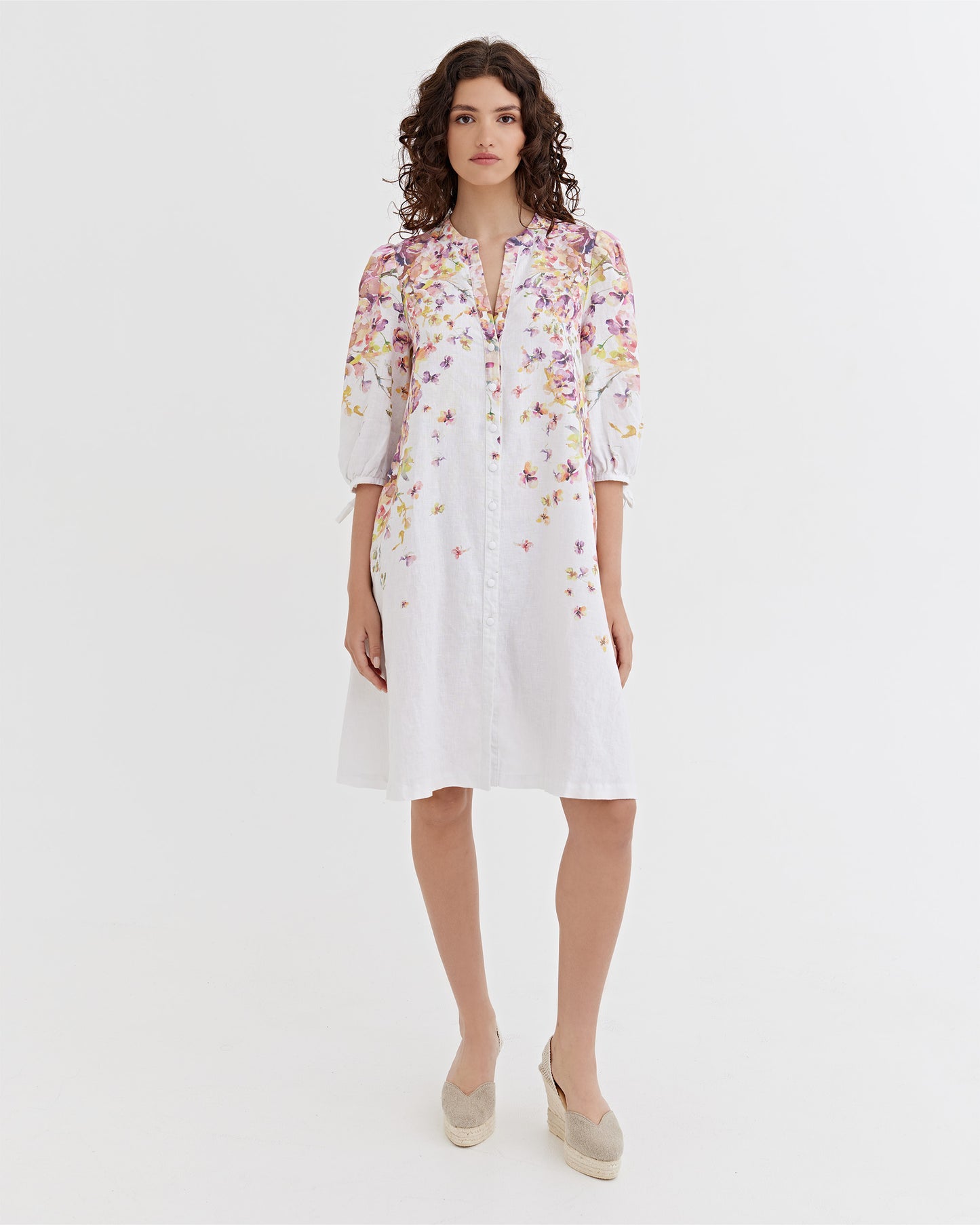 Puff Sleeve Linen Dress VILNIUS in Blushing violet | MagicLinen modelBoxOn