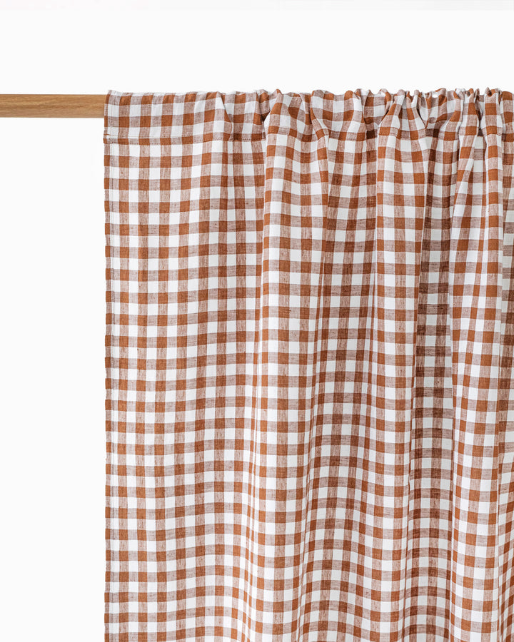Rod pocket linen curtain panel in Cinnamon gingham - MagicLinen