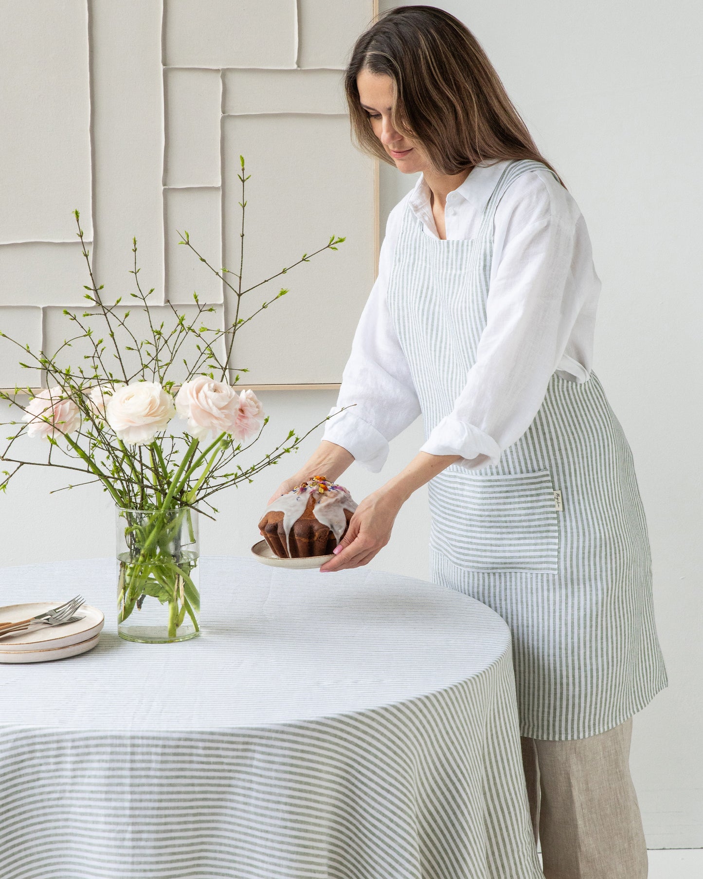 Round Linen Tablecloth in Striped in Forest Green | MagicLinen