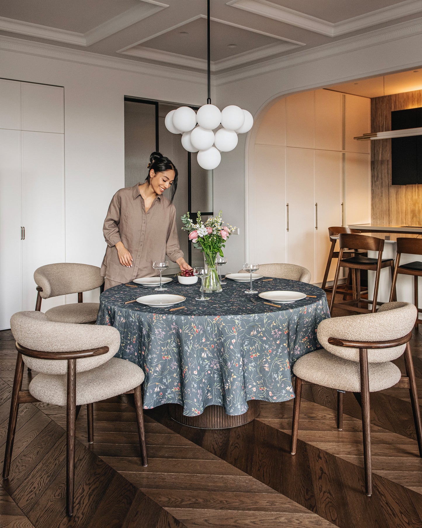 Round Linen Tablecloth in Wildflowers print on deep navy blue | MagicLinen