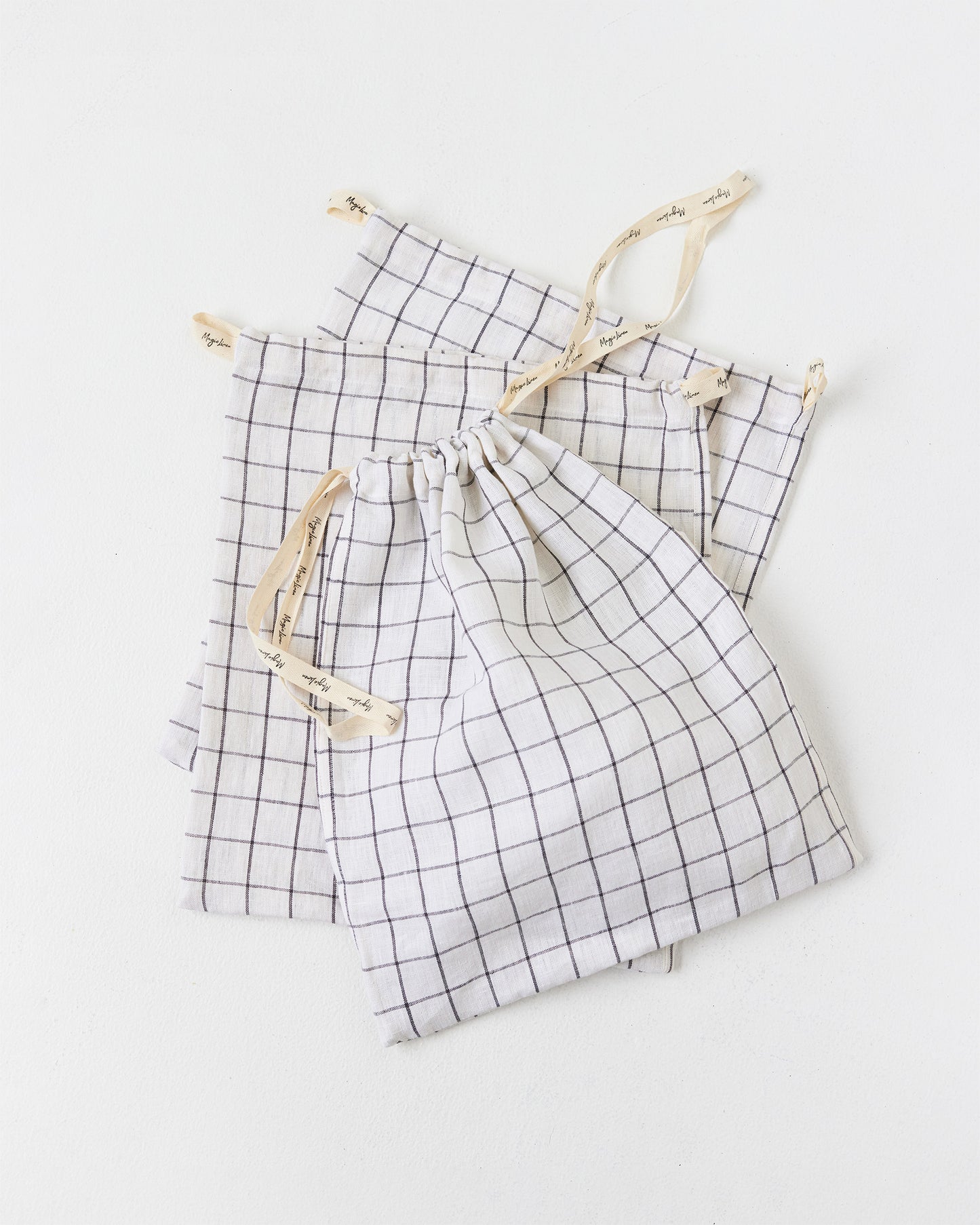 Set of 3 Linen Produce Bags in Charcoal grid
