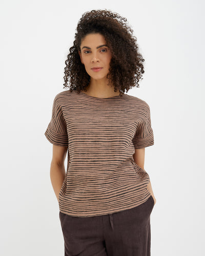 MagicLinen Pastel Brown Inked Lines Short-Sleeved Linen Top CALABRIA, 100% European flax linen 160 gsm plain weave modelBoxOn