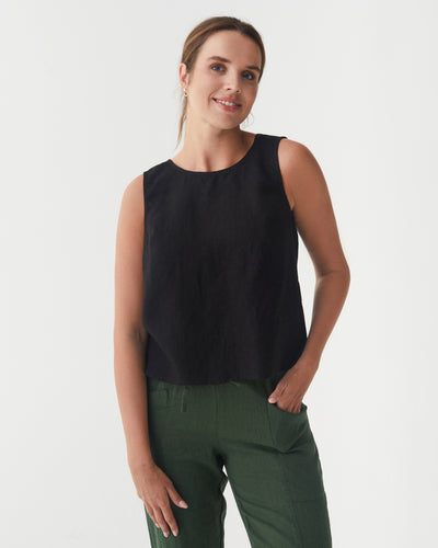 Split Back Linen Top TONGA in Black | MagicLinen modelBoxOn