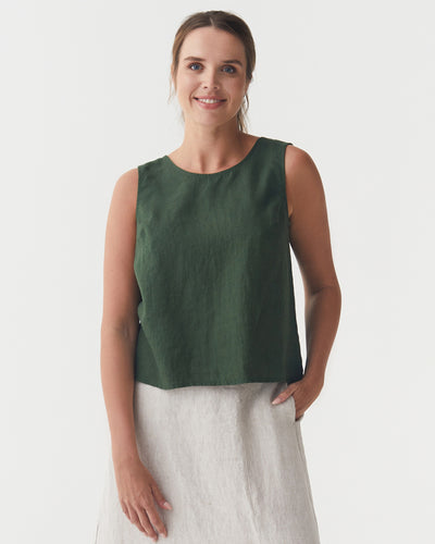 Split Back Linen Top TONGA in Deep green | MagicLinen modelBoxOn
