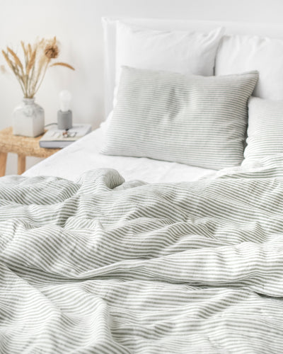 Striped in forest green Linen duvet cover set (3 pcs) | MagicLinen