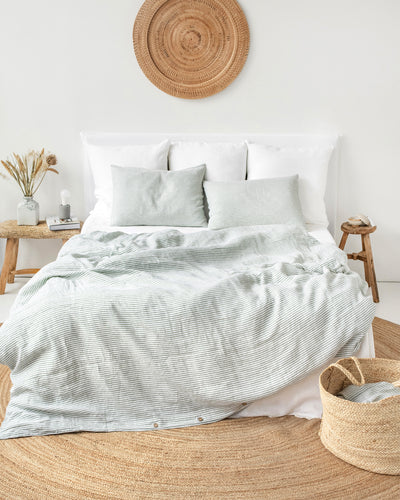 Striped in forest green Linen Fitted Sheet | MagicLinen