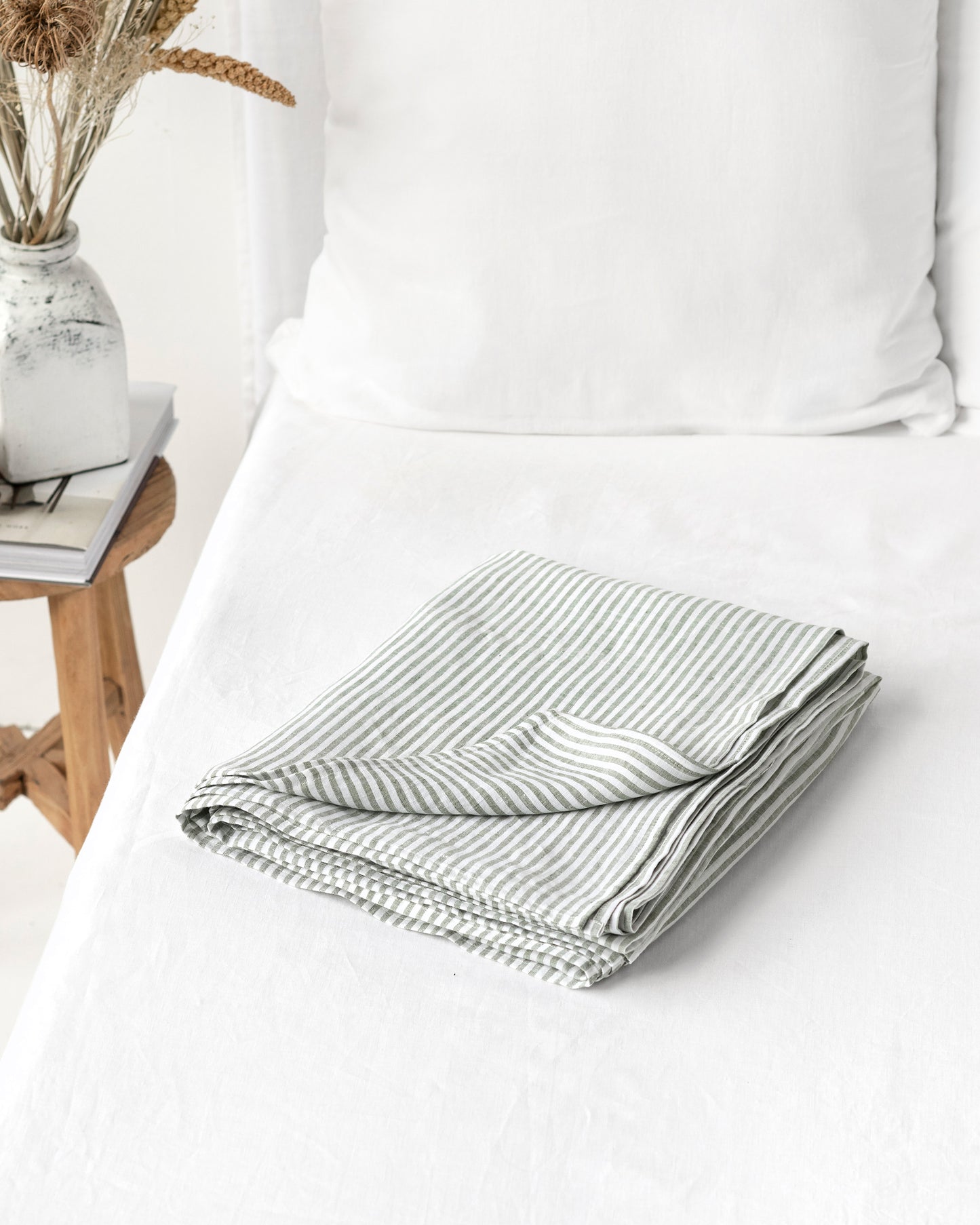 Striped in forest green Linen Flat Sheet | MagicLinen