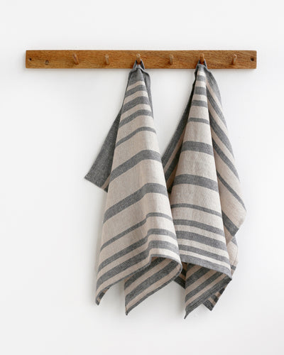 Linen tea towel in Charcoal gray stripes (Set of 2) - MagicLinen