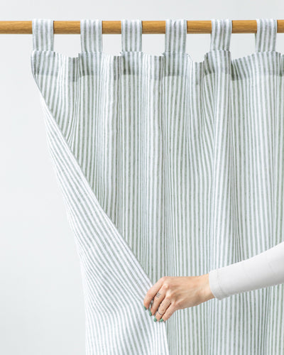 Tab Top Linen Curtain Panel in Striped in Forest Green | MagicLinen