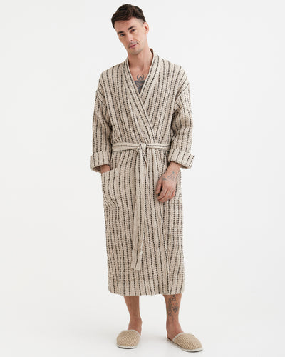 Men's waffle linen robe in Thin striped