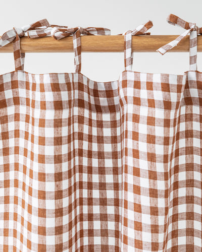 Tie top linen curtain panel in Cinnamon gingham - MagicLinen