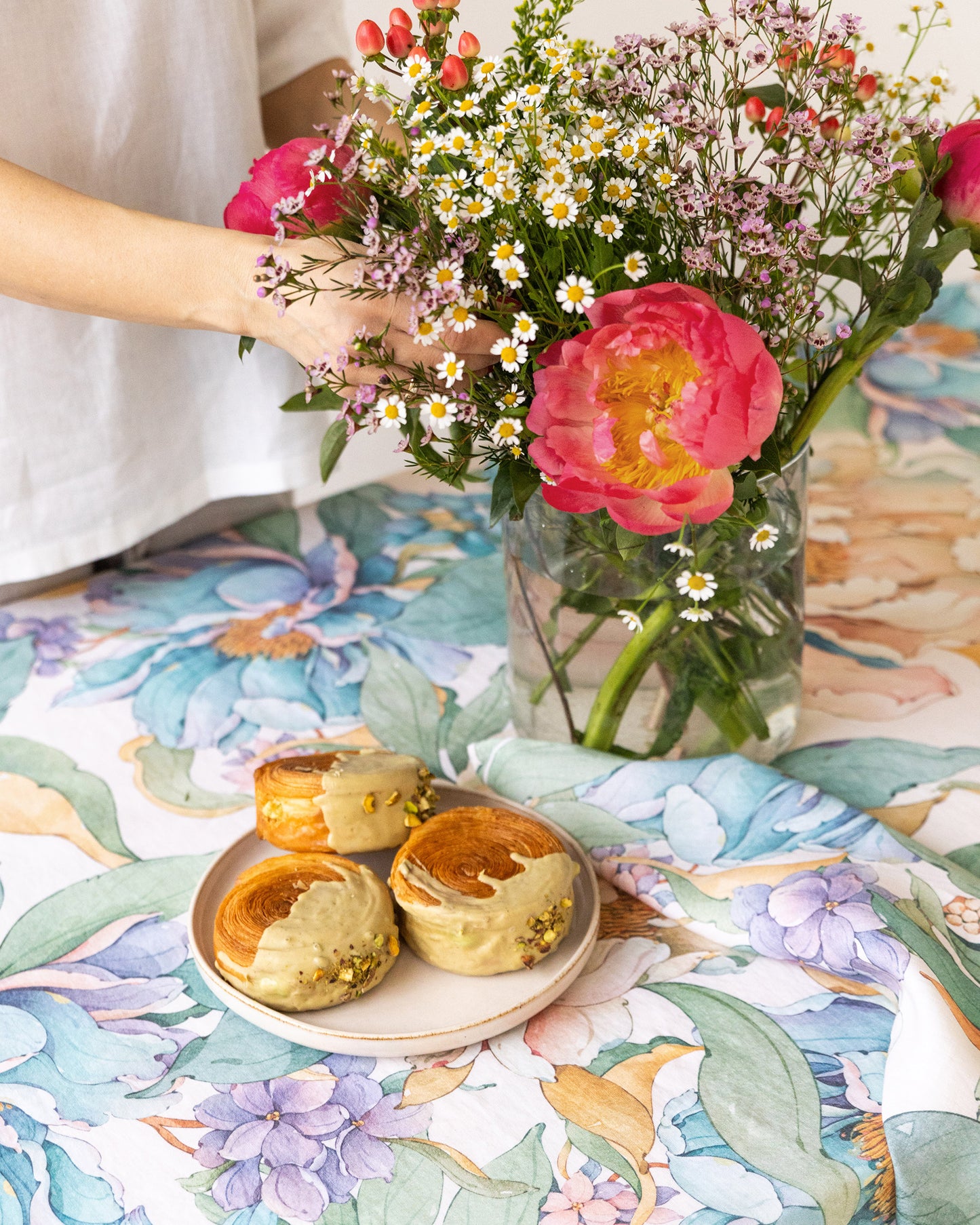 Round Linen Tablecloth in Vibrant peonies print on white | MagicLinen