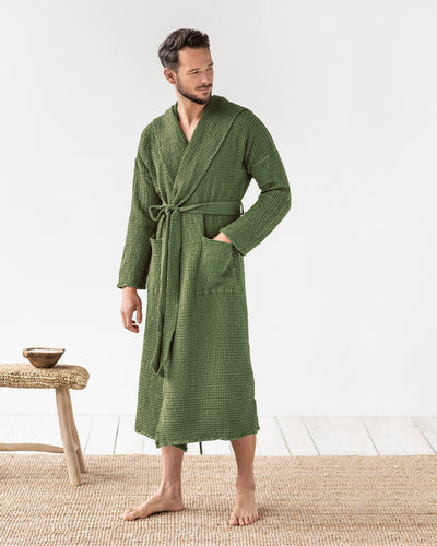 Men's waffle linen robe in Forest green - MagicLinen