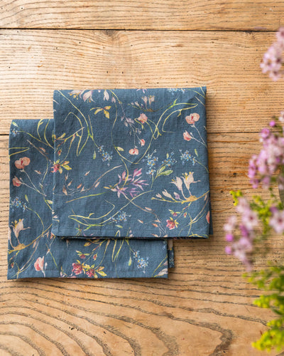 Wildflowers print on deep navy blue Linen Napkin Set | MagicLinen