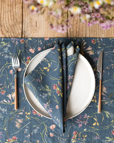 Wildflowers print on deep navy blue Linen Napkin Set | MagicLinen