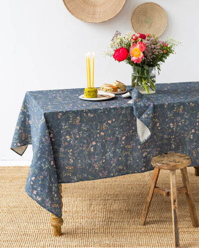 Wildflowers print on deep navy blue Linen Tablecloth | MagicLinen