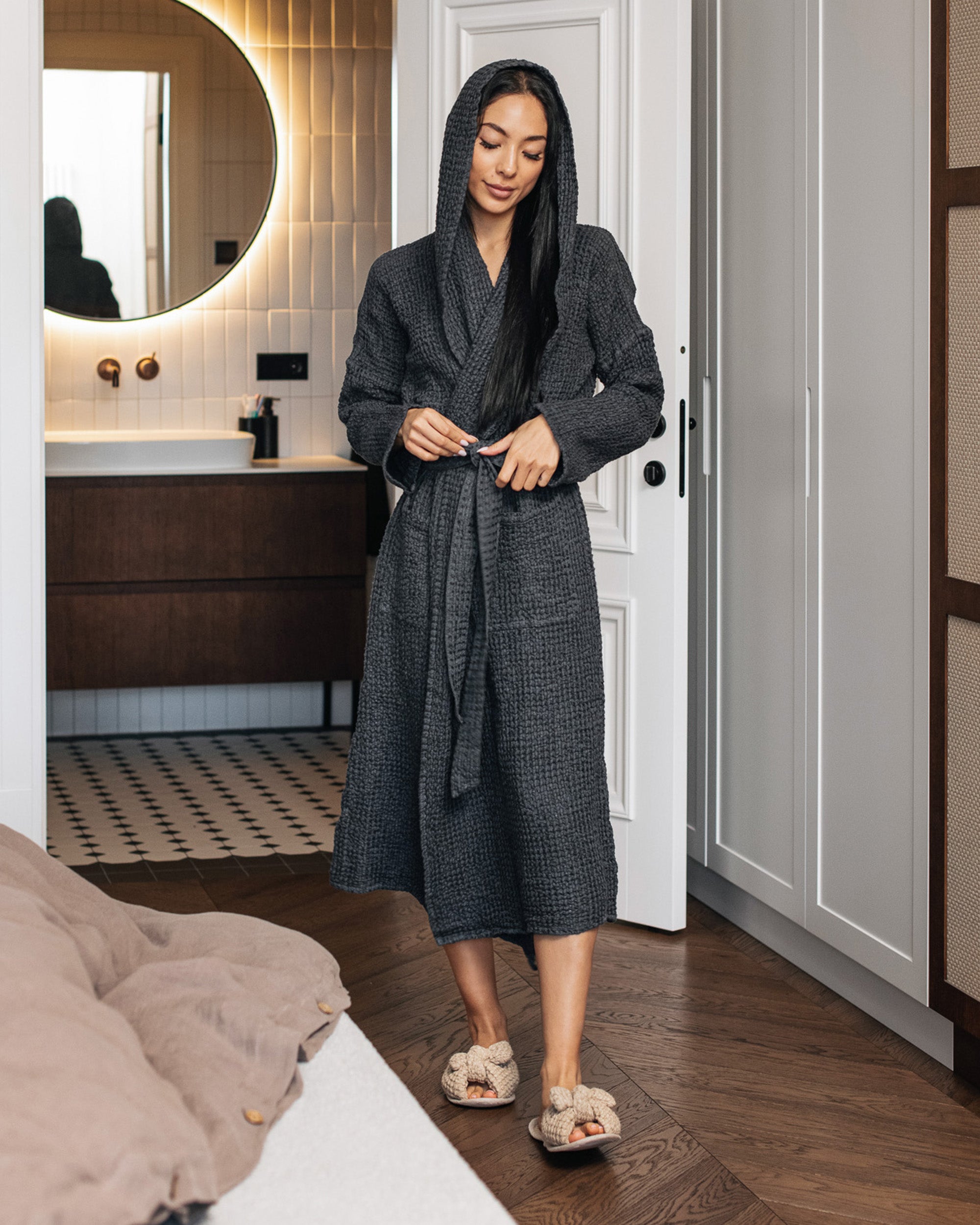 ladies grey waffle dressing gown LMSXCT Waffle Knit Lightweight Kimono Spa & Bath Robes for Women Solid Color Robe Soft Comfy Bathrobe with Pockets Gray at Amazon Women's Clothing store