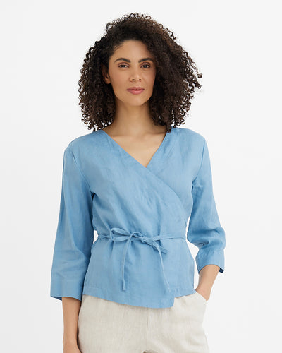 MagicLinen Soft blue Wrap Linen Top HURON, 100% European flax linen 160 gsm plain weave modelBoxOn