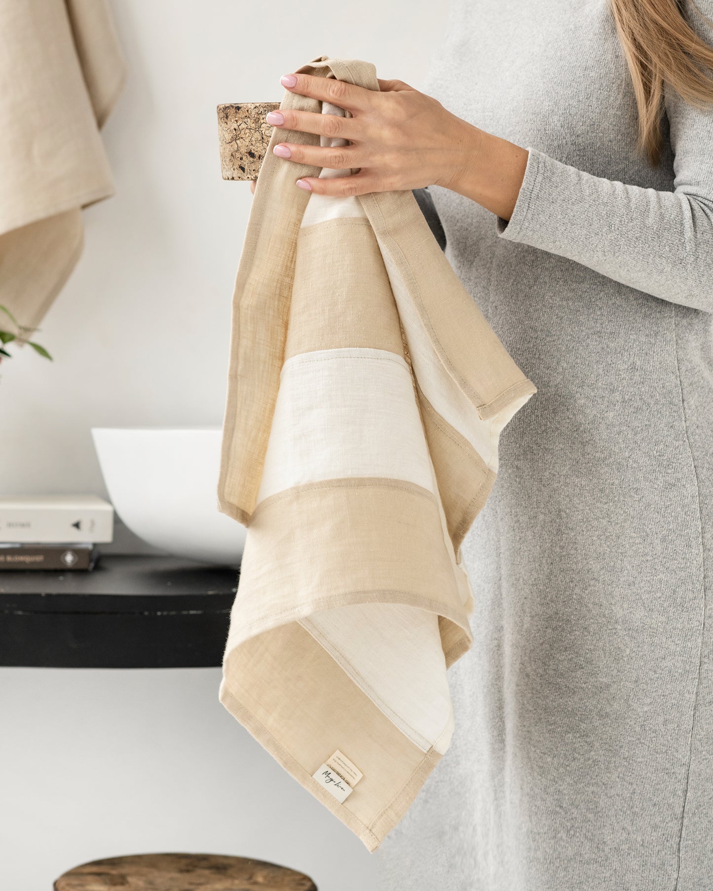 Zero-waste striped linen tea towel in Natural linen - MagicLinen